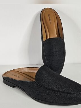 Style & Co. Women's Mules Black Linen Slip On Slides Minimalist Business Casual